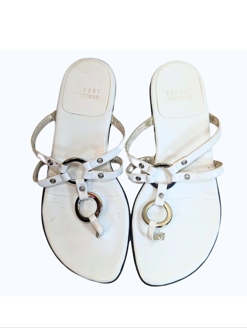 Stuart Weitzman Size 5M White Leather Slip On Strappy Thong Flat Sandals